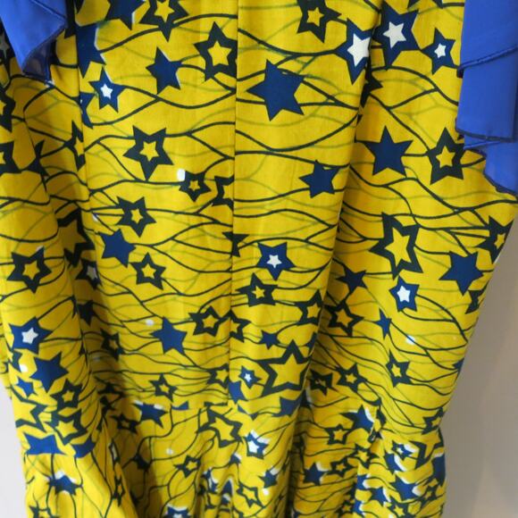 AFRICAN Handmade Ankara Dress Mid Length Short Sleeve Yellow Blue Gems Headwrap - Picture 7 of 11